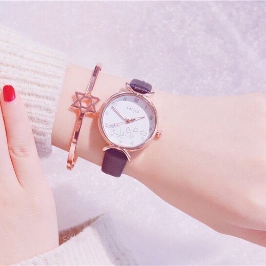 Montre lumineuse pour enfants de marque ulzzang, montres pour filles, montres pour enfants, horloge à quartz en cuir, dessin animé mignon pour étudiants: Noir