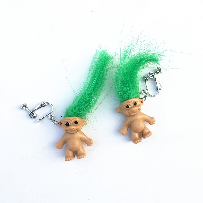 Retro Crazy Doll Statement Earrings Cute Ugly Baby Dangle Earrings Multicolor Hair Weird Doll Women Jewelry: Green clip