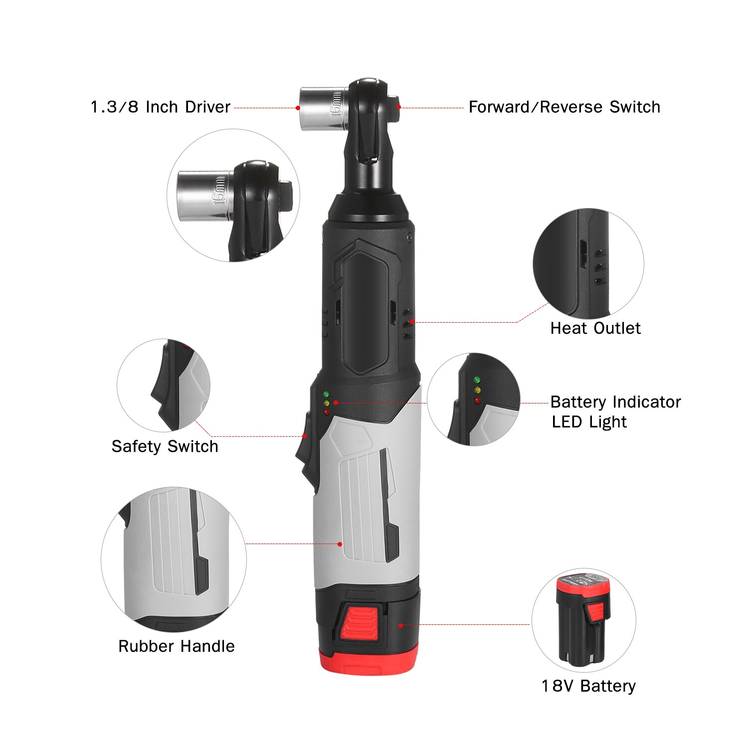 Llave de trinquete eléctrica inalámbrica de 3/8 pulgadas, 80 n.m, 240RPM, 18V, Kit de Llave de trinquete de potencia con 2 baterías de iones de litio 6,0ah