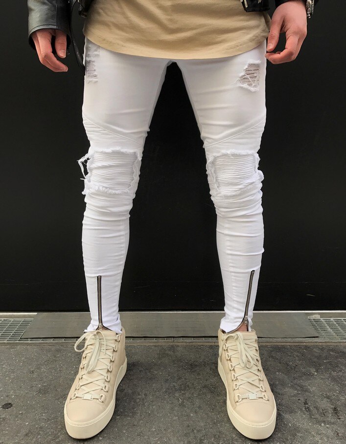 Mænd revet huller jeans lynlås skinny biker jeans sort hvide jeans med plisseret patchwork slim fit hip hop jeans mænds bukser: 36