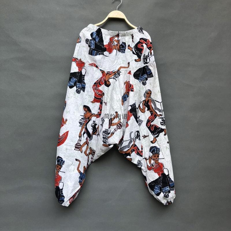 Zomer herenbroek bloomer etnische stijl thaise katoen en linnen dansbroek losse dongba broek nepalese broek met groot kruis: Paarse bloem