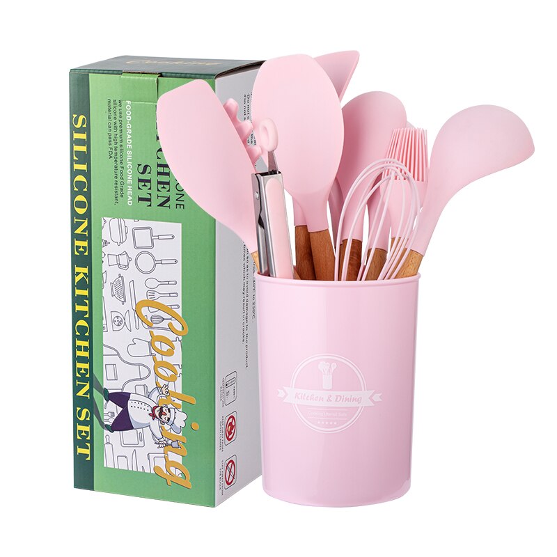 12Piece Silicone Cooking Kitchen Utensils Set Nylon Utensils Stainless Steel Cooking Utensil Set: Pink