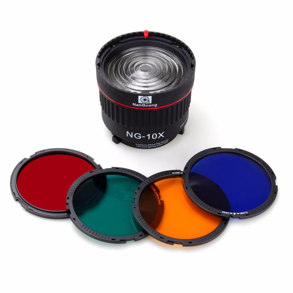 Nanguang NG-10X Studio lumière mise au point lentille Bowen monture pour Flash lumière LED avec 4 couleur filtre lumière ensemble accessoires de photographie