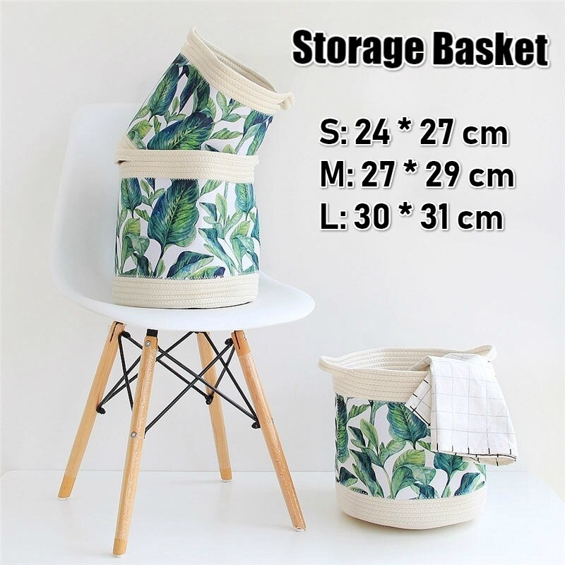 Nordic Green / Grey Leaf Cotton Rope Storage Basket Tropical Flowers Woven Finish Baskets Foldable Sundries Organizer Bucket