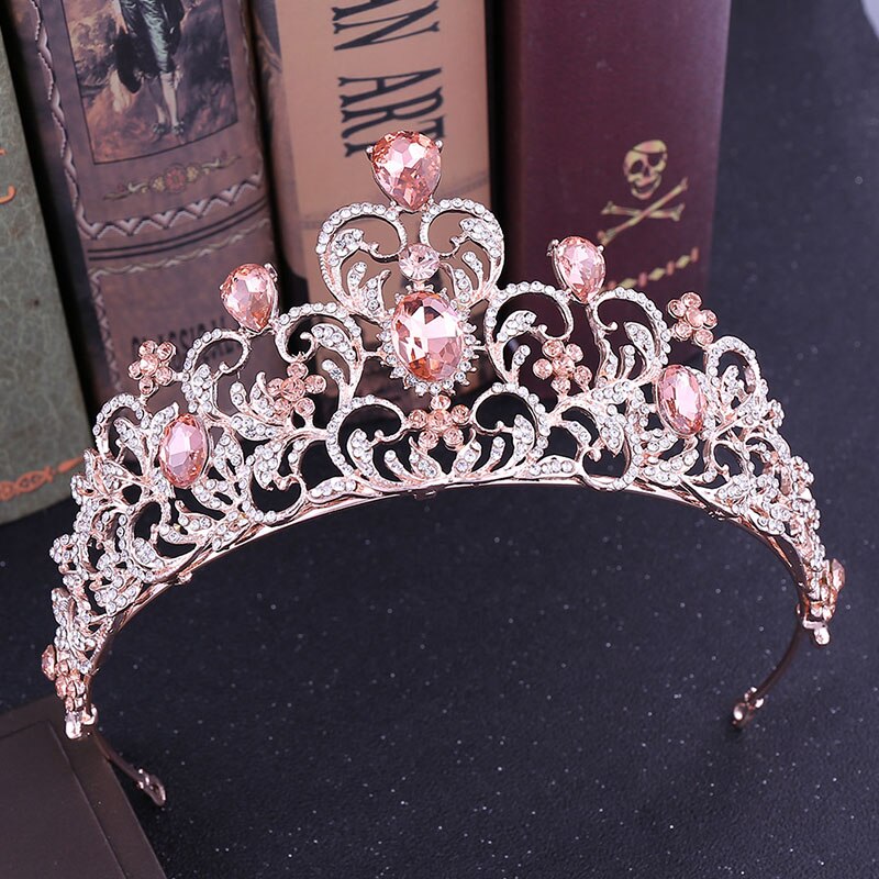 Frauen Luxus Strass Blume Tiara Braut Crown Hochzeit Braut Silber Farbe Kristall Hohl Große Krone Diadem Haar Zubehör JL: rose gold