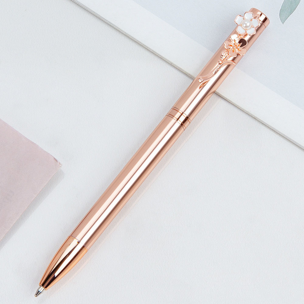 1 Piece Pearl Flower Metal Ballpoint Pen Stationery: light yellow