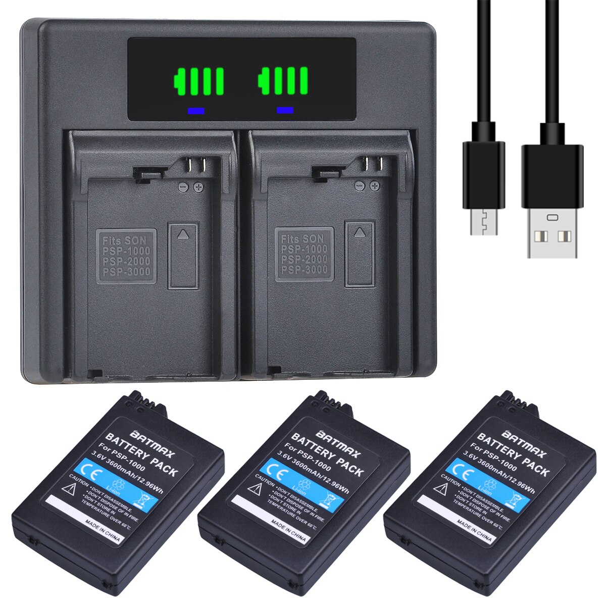 2 stk 3600 mah psp 1000 batteri + hurtigled lader + for psp 1000 psp 1000 psp -110 konsoll gamepad: 3 stk sett