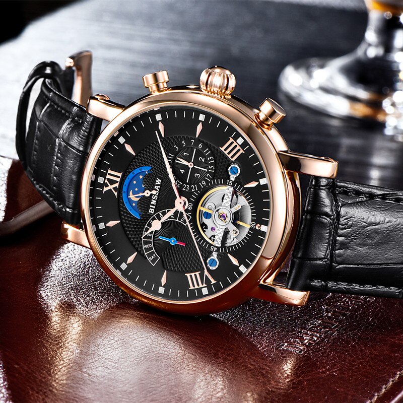 BINSSAW mentoubillon reloj mecánico automático de de de cuero deportivo de negocios relojes impermeables reloj Masculino