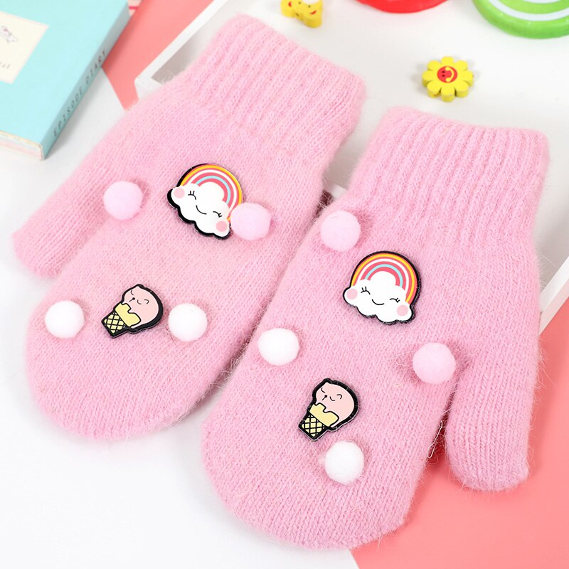 Children's Gloves Kids Boys Girls Winter Warm Cute Baby Knit Soft Gloves Kids Cartoon Candy Color Star Mitten Size 6-12Y: Pink