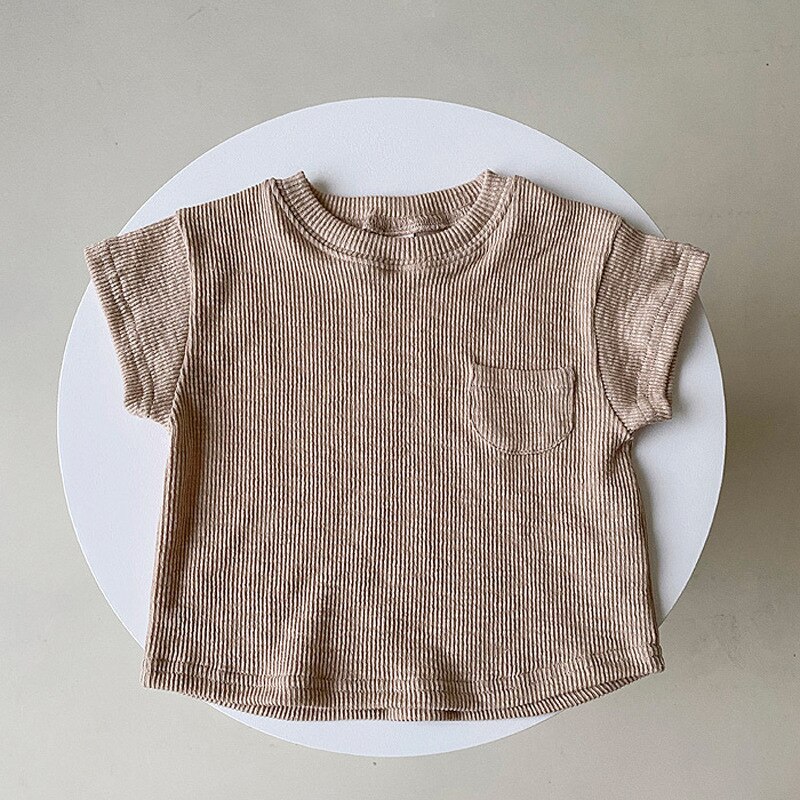 Peuter Baby Jongen Meisje Effen Draad Gedrukt Tops Zomer Kinderen Kid Katoen Elasticiteit Half Mouw T-shirt: Khaki Brown / 24M