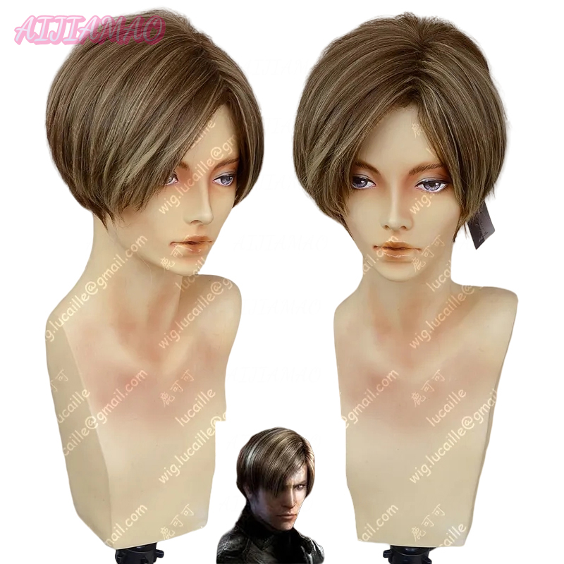 Movie Leon Scott Kennedy Short Brown Color Highlights Styled Heat Resistant Hair Cosplay Costume Wig + Free Wig Cap