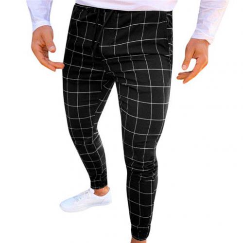 Men Plaid Print Drawstring Elastic Casual Slim Fits Pencil Pants Trousers: XXXL / Black
