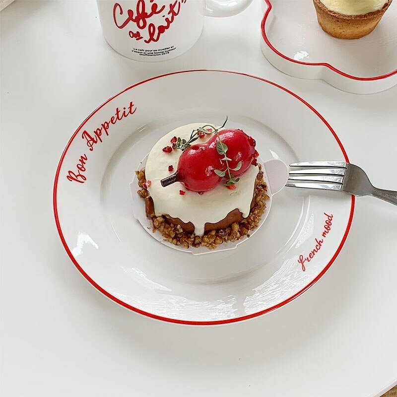 LadyCC French Retro Red Line Ceramic Dessert Plate French Letter Breakfast Plate Pasta Plate Bread Plate Restaurant