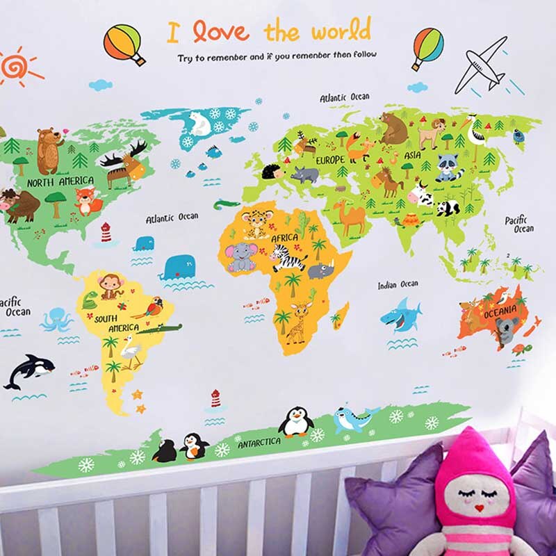 Cartoon Safari Animals World Map Nursery Wall Stickers for Kids Room Decoration Letters Global Maps WXV