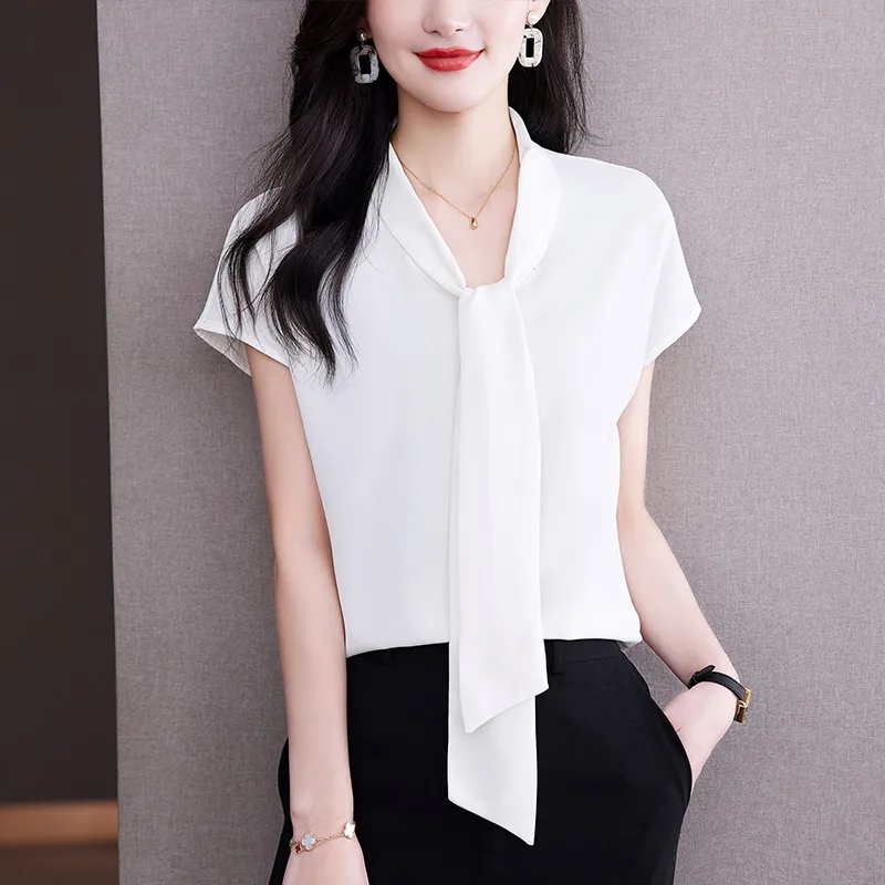 Blusa con pajarita para mujer, blusas elegantes OL, Tops de satén para mujer, ropa femenina de seda, blusa de manga corta de coreana 2023: XXL / Blanco