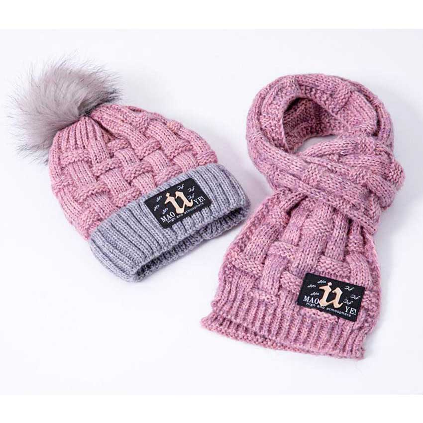 Vinter tjej mössa och halsduk set för barn barn stickade mjuka stretch kabel mössor halsdukar pojkar pompom keps halsdukar varm kostym  m7118