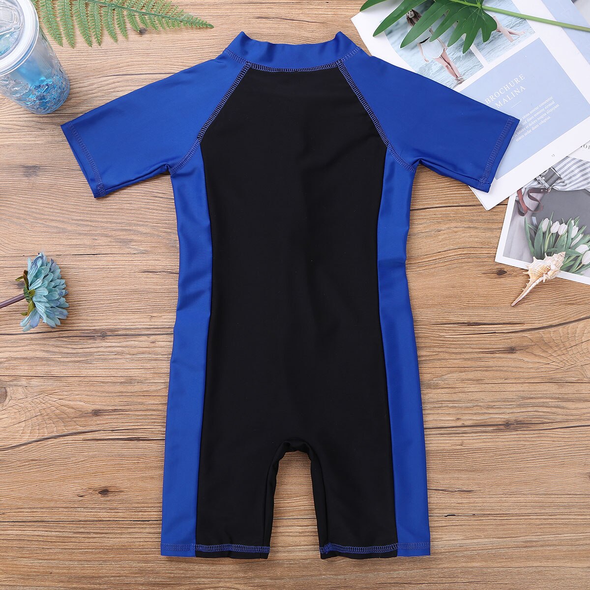 Maiô de verão para meninos e meninas, roupa de banho de uma peça com zíper frontal de mangas curtas para praia