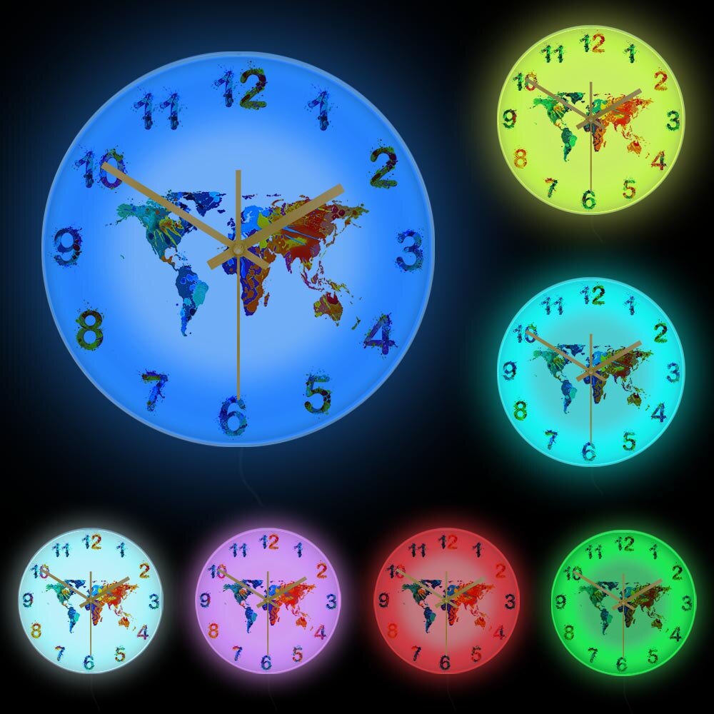 Quaddel Karte Aquarell Dekorative Stille Wanduhr Flache Erde Minimalistischen drucken Digital Kunst Hängen Zauberstab Uhr für Traveler: Weiß Rahmen mit LED