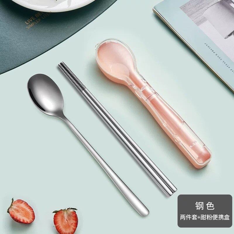 304 Stainless Steel Chopsticks Spoon fork Set Cutlery Set Flatware Set Tableware Soup Spoon Portable Cultery With Box: Stainless-2PCS-Pink