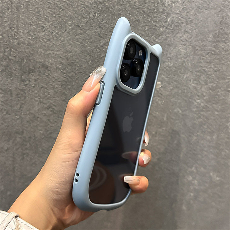 Cartoon 3D Cute Cat Ears Silicone Bumper Shockproof Phone Case For iPhone 15 14 13 12 Pro Max 11 Transparent Acrylic Hard Cover: aluminum / SKY BLUE