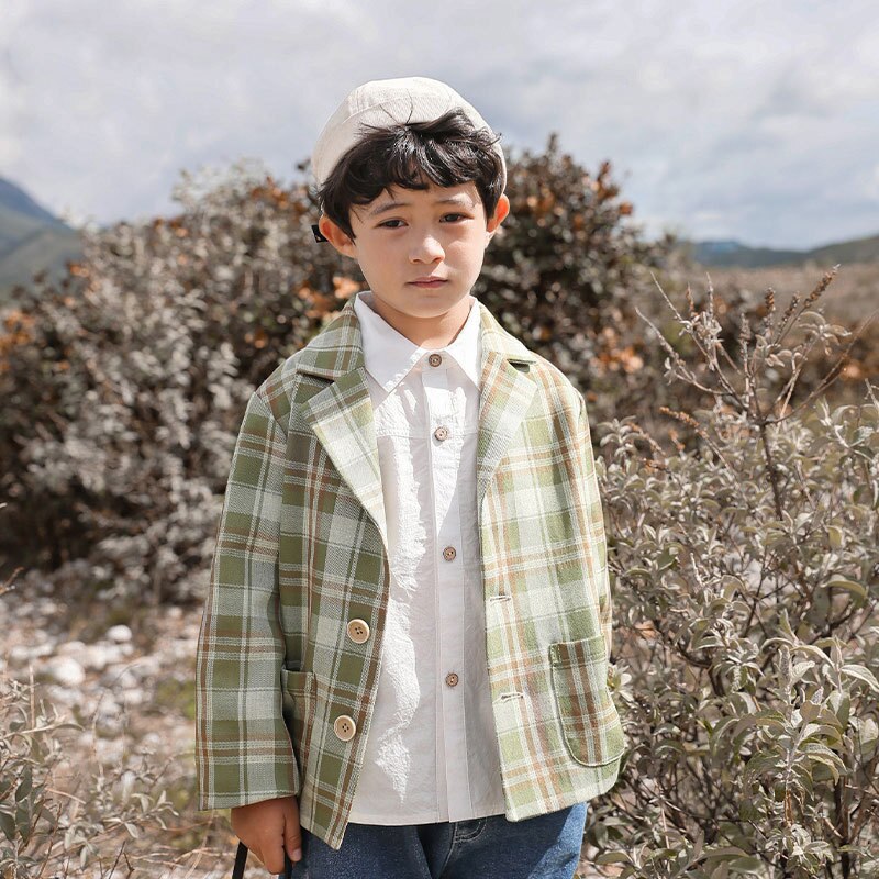 Barnkappa hösten pojkar casual rutig kavaj japansk och koreansk stil topp utländska kläder 3-12 år gammal: Grön / 4t