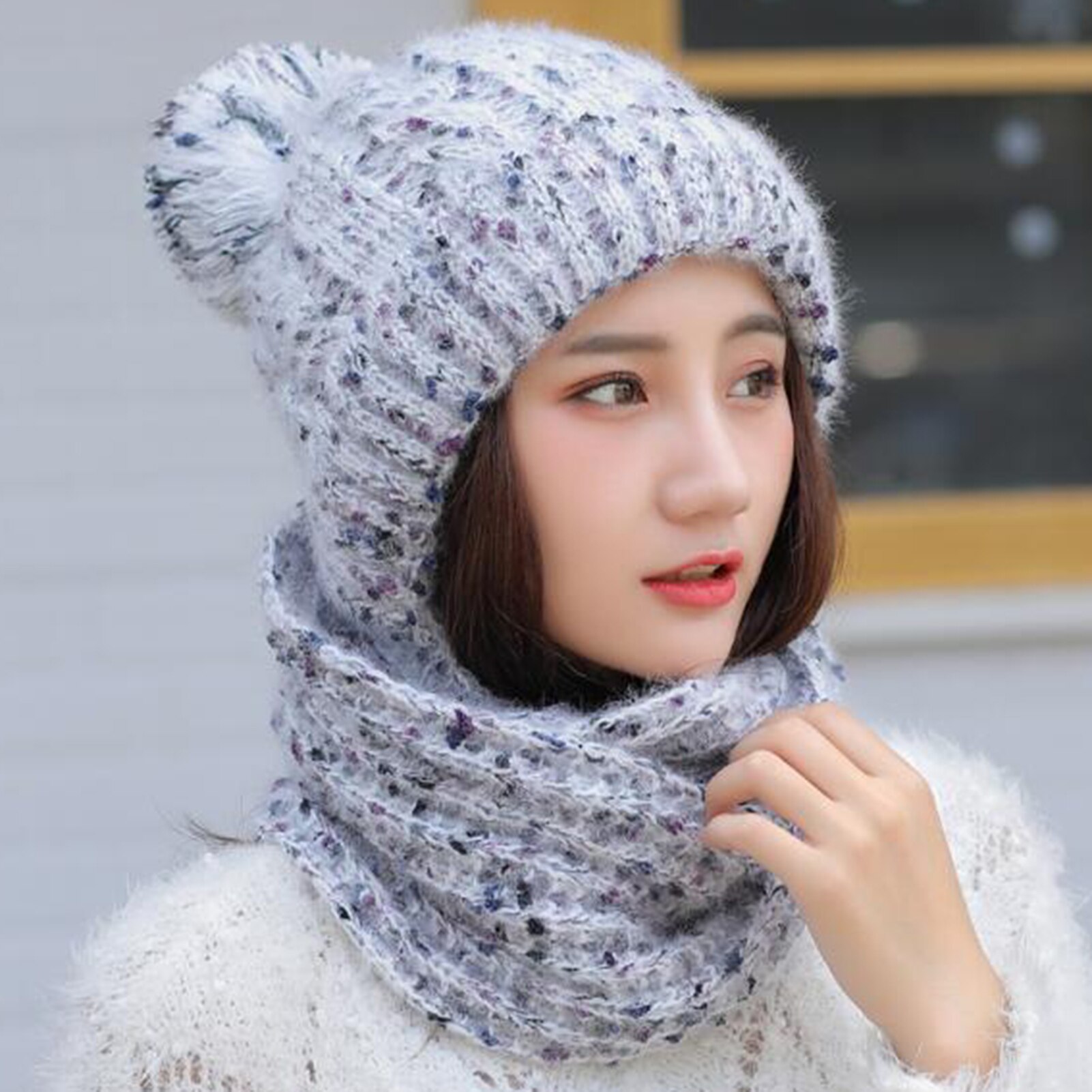 Korean-Style Women Autumn Winter Skullies Beanies Girls Soft Warm Woolen Knitted Circle Loop Scarf Cap Ladies ourdoor sports Hat