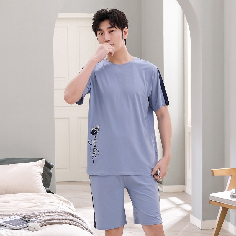 Summer Modal Men Pajamas Set Short Sleeve Round Neck Casual Soft Male Sleepwear L-4XL Pyjamas Homme
