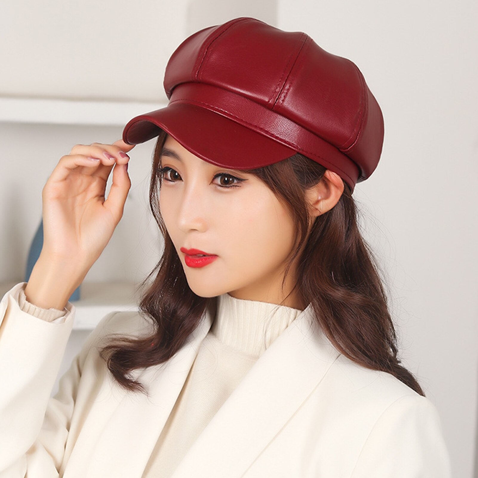 Vrouwen Hoeden Baret Cap Kunstleer Verstelbare Octagon Faux Lederen Hoeden Voor Party Street Wear Шапка Зимняя Женская