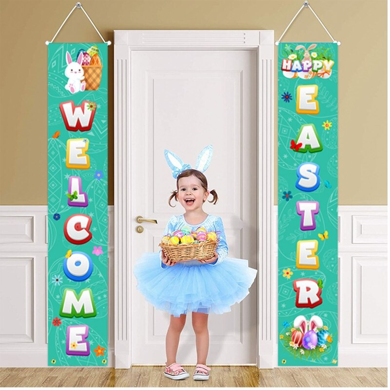 Easter Porch Sign Happy Easter Welcome Hanging Door Sign Bunny Eggs Wall Banner for Yard Home Easter Decoration