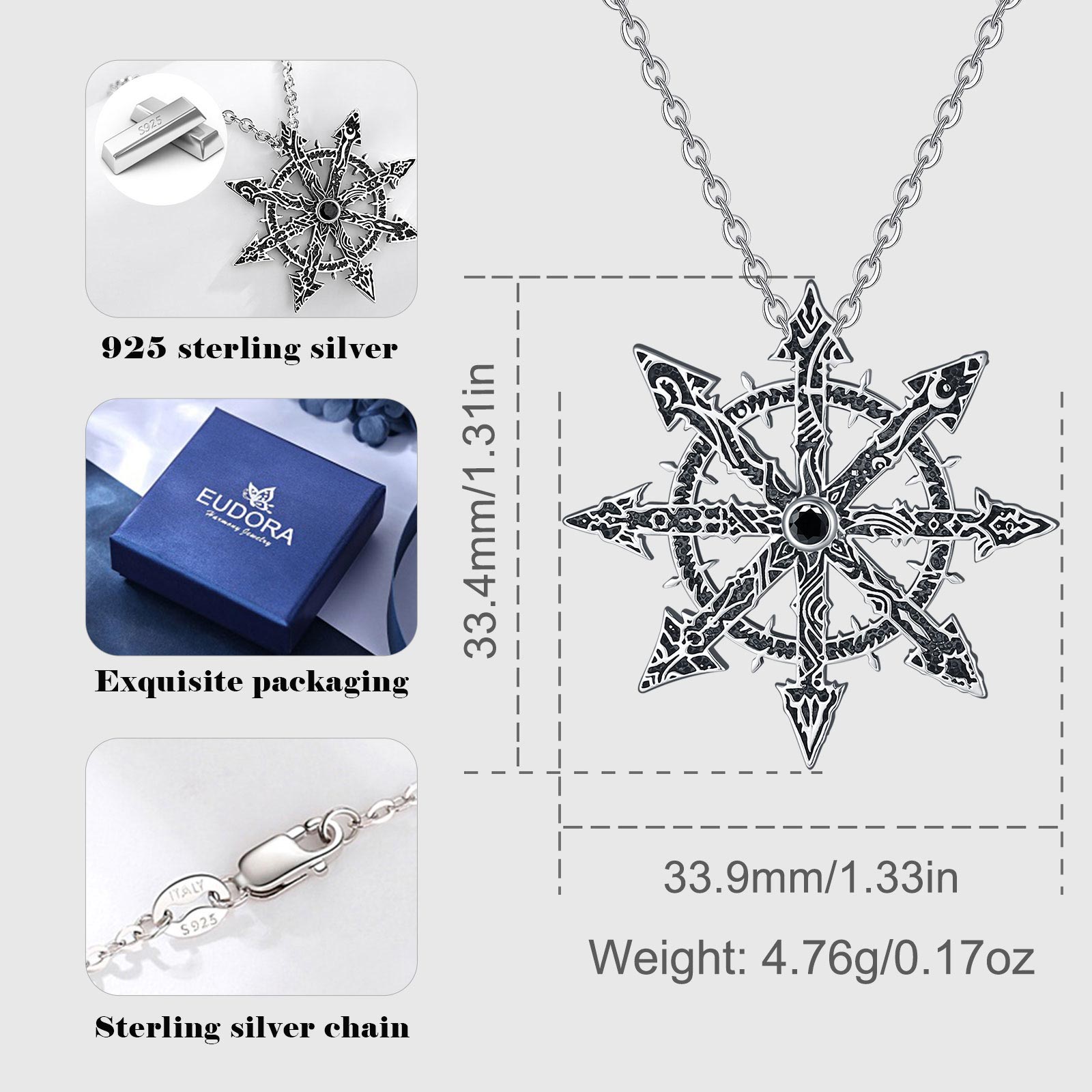 Eudora-colgante de estrella del caos de Plata de Ley 925, colgante mágico de estrella del caos, amuleto de rueda del caos de Kabbalah, joyería Punk para hombre