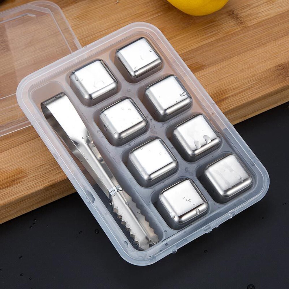 Juego de cubos de hielo reutilizables de acero inoxidable con piedras Whisky, caja de almacenamiento de alta tecnología de refrigeración, gran cumpleaños, para hombres: 8 Pack with Tongs