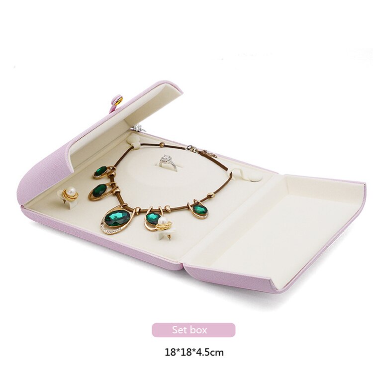 Pink Leather Snap Button Double-Sided Opening Jewelry Packaging Box Proposal Double Ring Box Pearl Necklace Collection Box: Set box