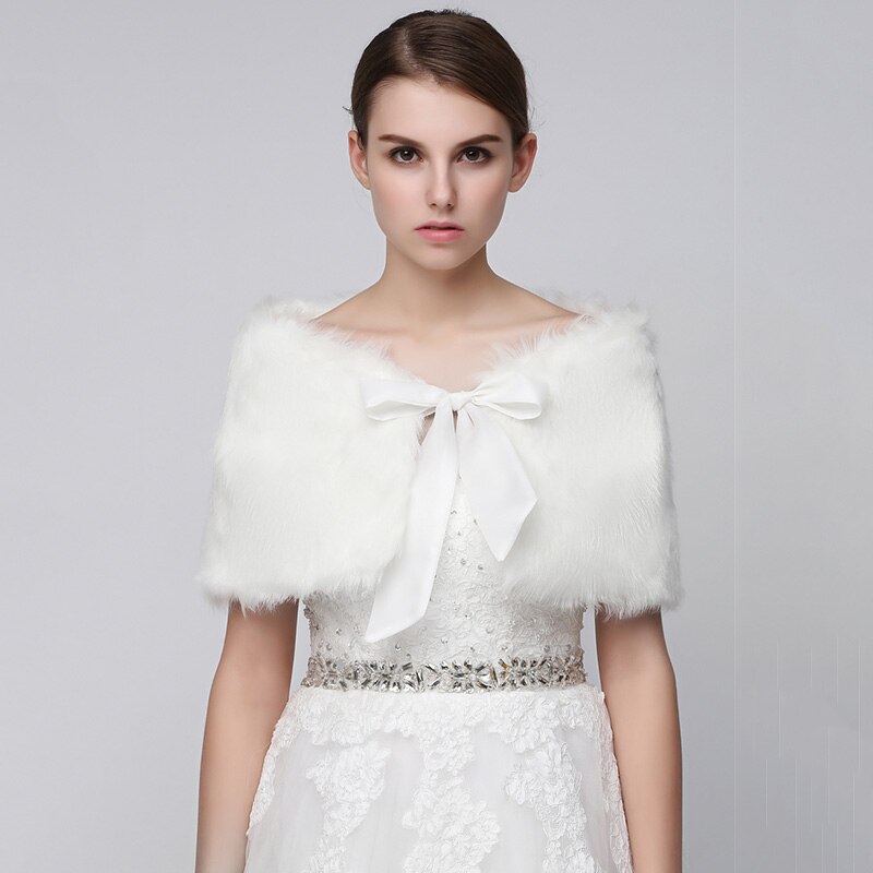 In Stock Wedding Bridal Wraps Black Faux Fur Bolero Winter Bride Wedding Shawls with Bow Wedding Accessories: white