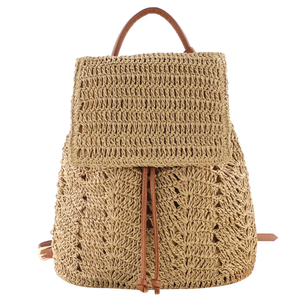 Women Straw Backpack Handmade Woven Casual Beach Shoulders Bucket Bag: WHITE