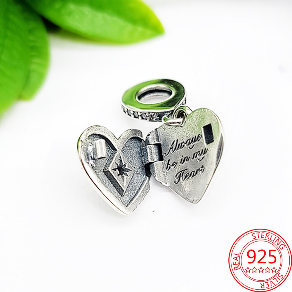 Real 925 Sterling Silver Openable Heart Locket Dangle Charm Fit Brand Bracelet Women's Wedding Party Silver Jewelry