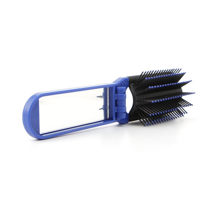 Cepillo plegable para el pelo portátil de viaje con espejo, peine de bolsillo de peluquería, tamaño de bolsillo, monedero, peines de pelo de viaje: Blue