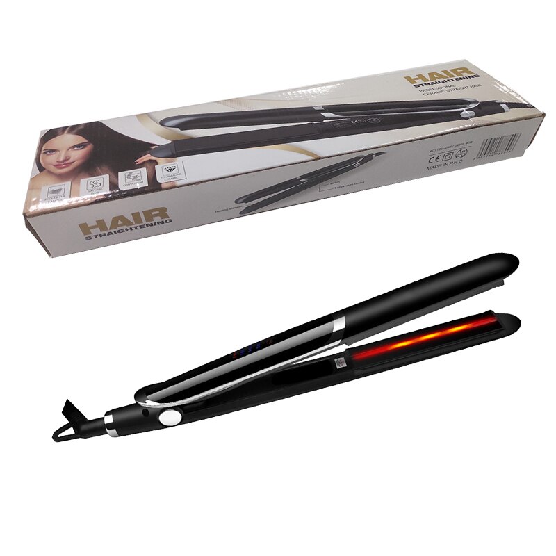 Plancha de pelo de hierro plano 2 en 1 Plancha de cerámica plancha alisadora de pelo Herramienta de Peinado infrarroja: black with box / UK