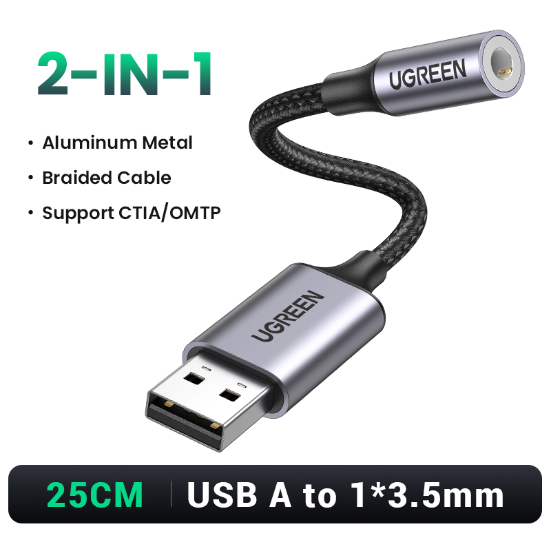 UGREEN Sound Card USB to 3.5mm Audio Interface Adapter for Earphone Mic for PC Laptop PS5/4 TRRS(CTIA/OMTP) Aluminum Metal Shell: army green