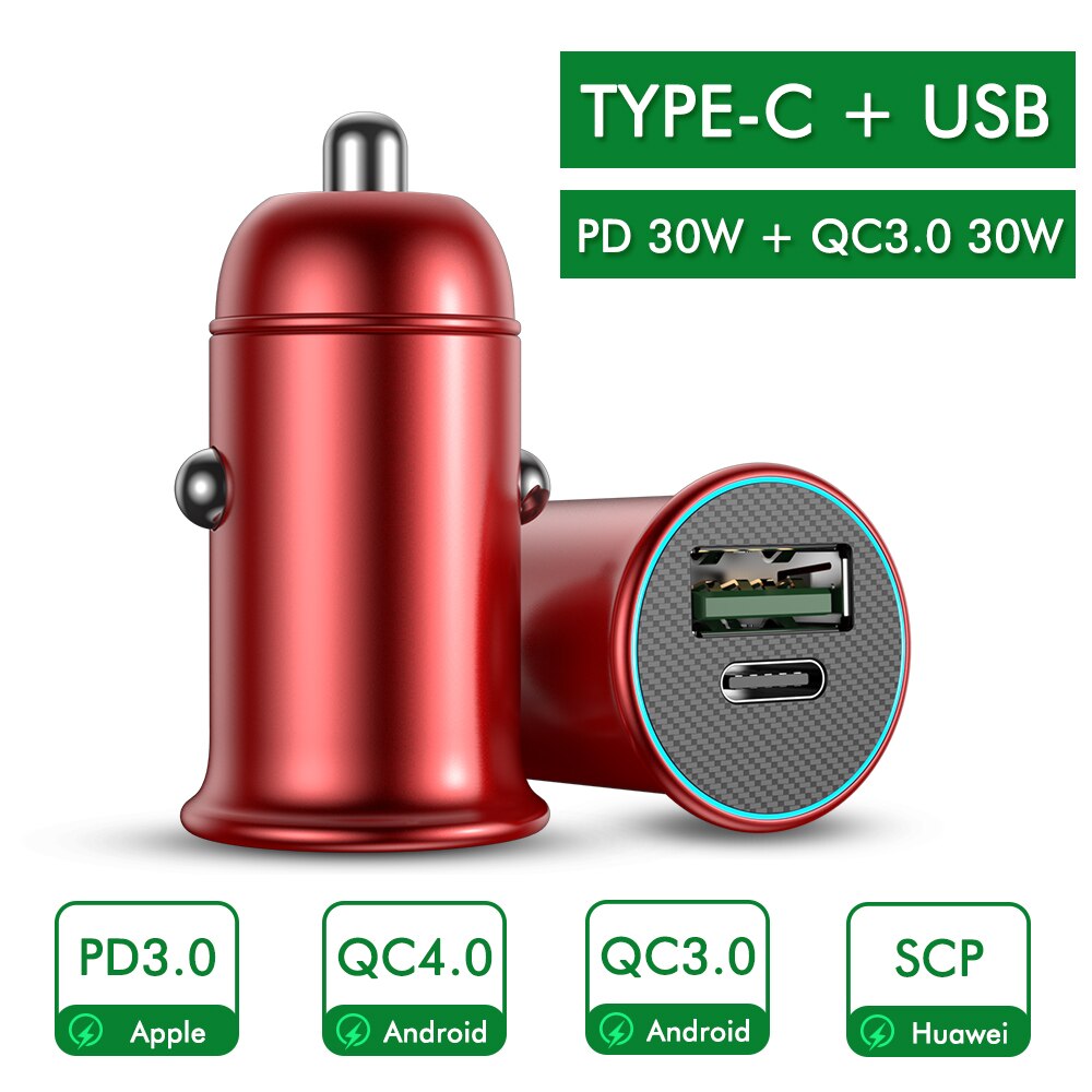 YKZ Car Charger PD 30W Mini Full Metal Dual QC3.0 4.0 USB Car Charger Type C Quick Charge For iPhone Samsung Huawei Mobile Phone