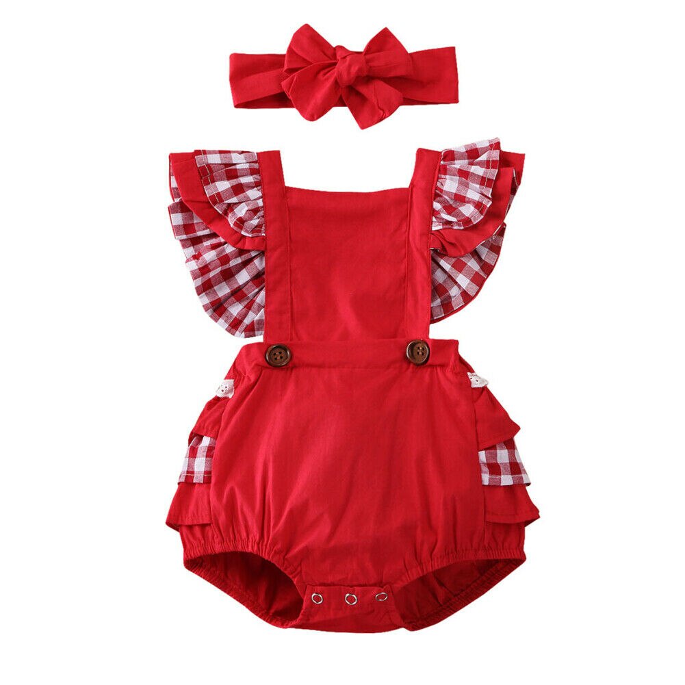 2 STUKS Baby Baby Meisje Xmas Rompertjes Hoofdband 2 stuks Backless Ruche Mouw Plaids Print Romper Overall Outfit Sunsuit: Red / 6m