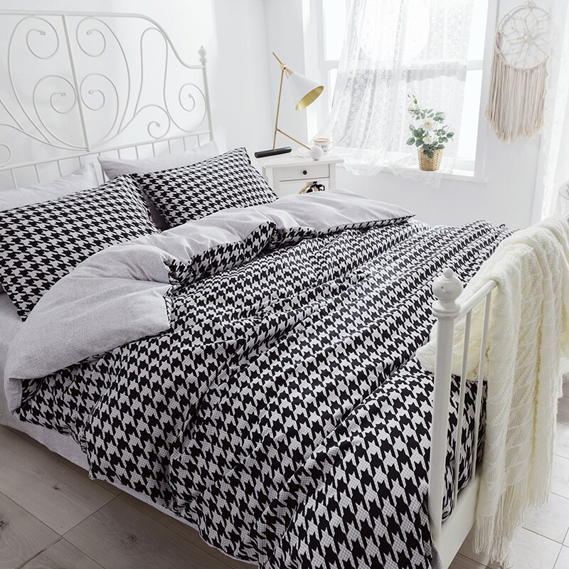 Liv-Esthete Classic Houndstooth Bedding Set Modern Duvet Cover Flat Sheet Pillowcase Double Queen King Bed Linen For Adult