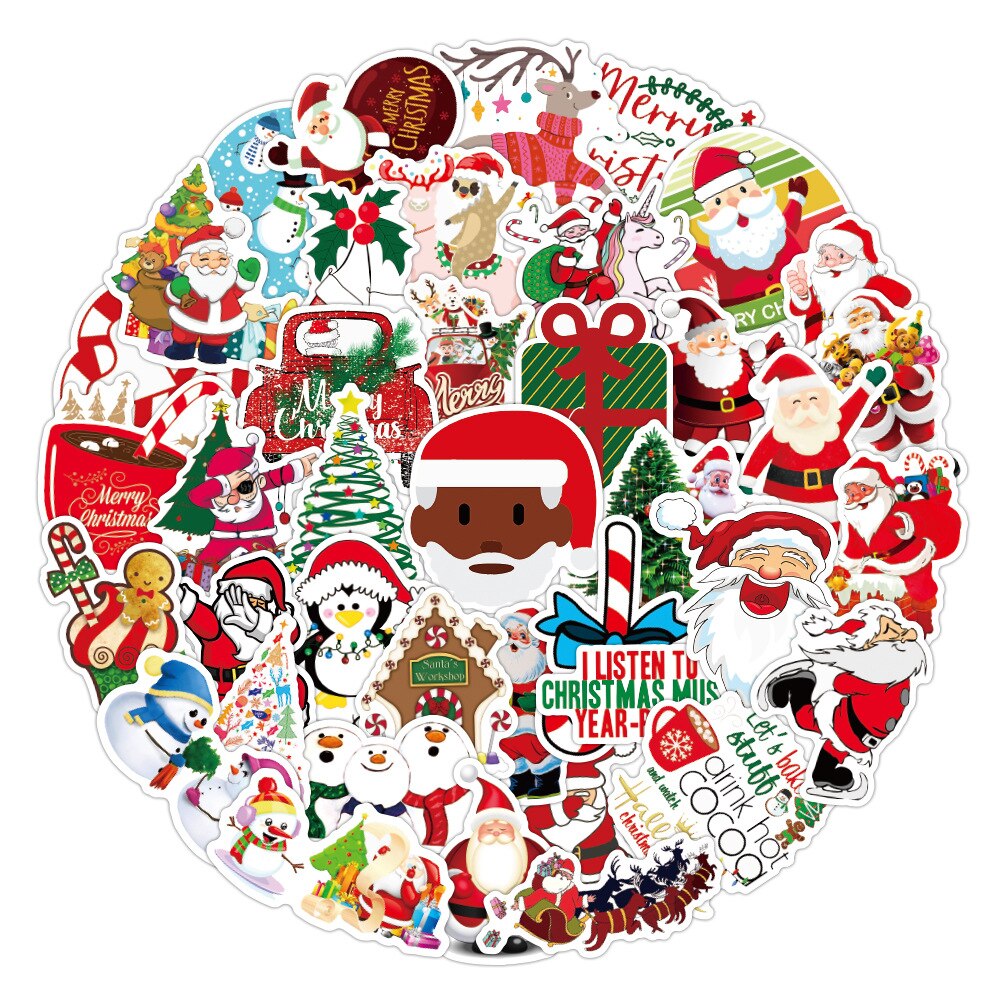 50pcs Merry Christmas Ball Elk Santa Claus Sticker DIY for On Skateboard Suitcase Luggage Snowman Sticker Xmas Decoration