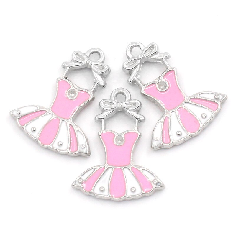 Doreen-caja de colgantes para vestido, Color plateado, esmalte Rosa Blanco, 21x16mm,10 unidades (B23486)