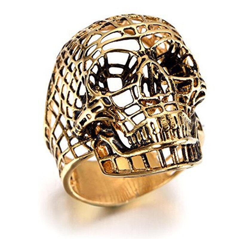 Gold Silver Color Big Skull Ring for Men Biker Ring Punk Hollow Mesh Jewelry