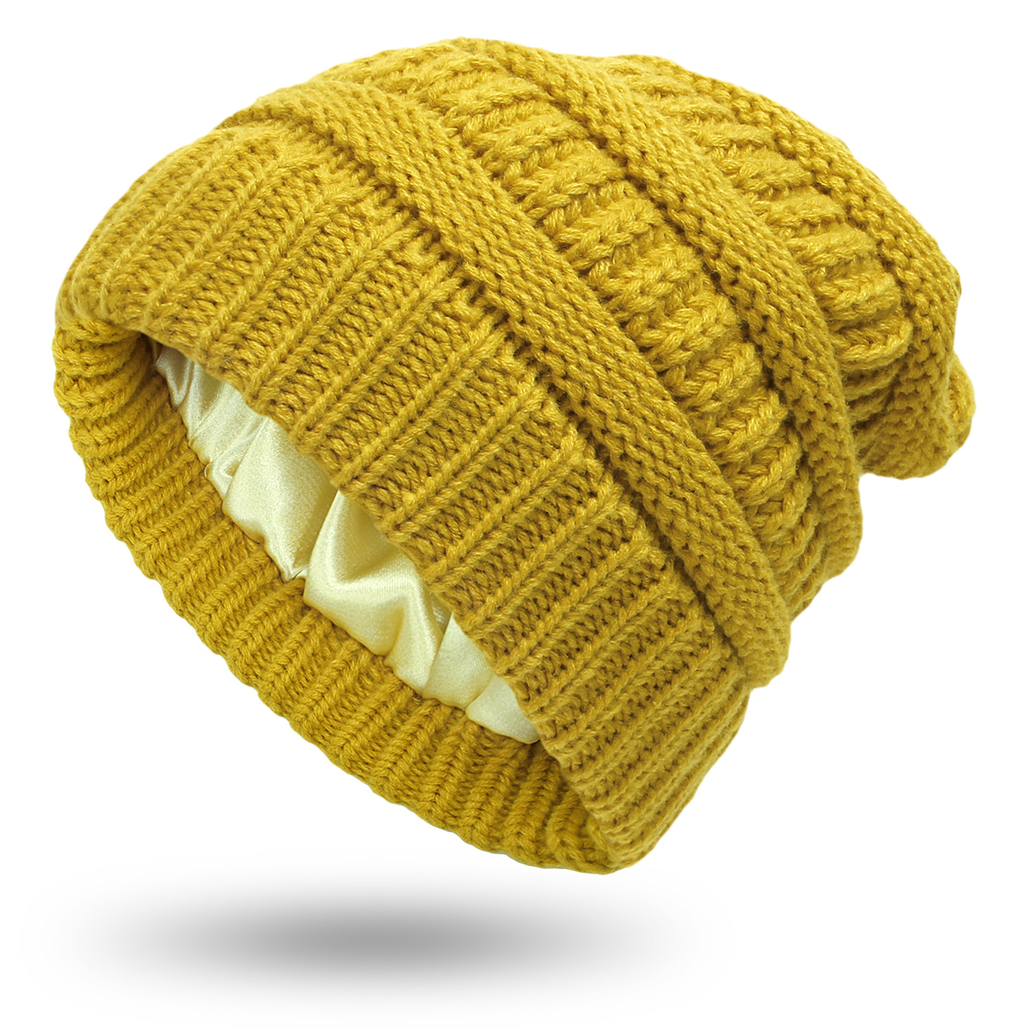 Gorro de punto cálido para mujer, gorro de punto con forro de seda satinada, gorro grueso y holgado con calavera, 9 colores, de invierno, 2022: YELLOW