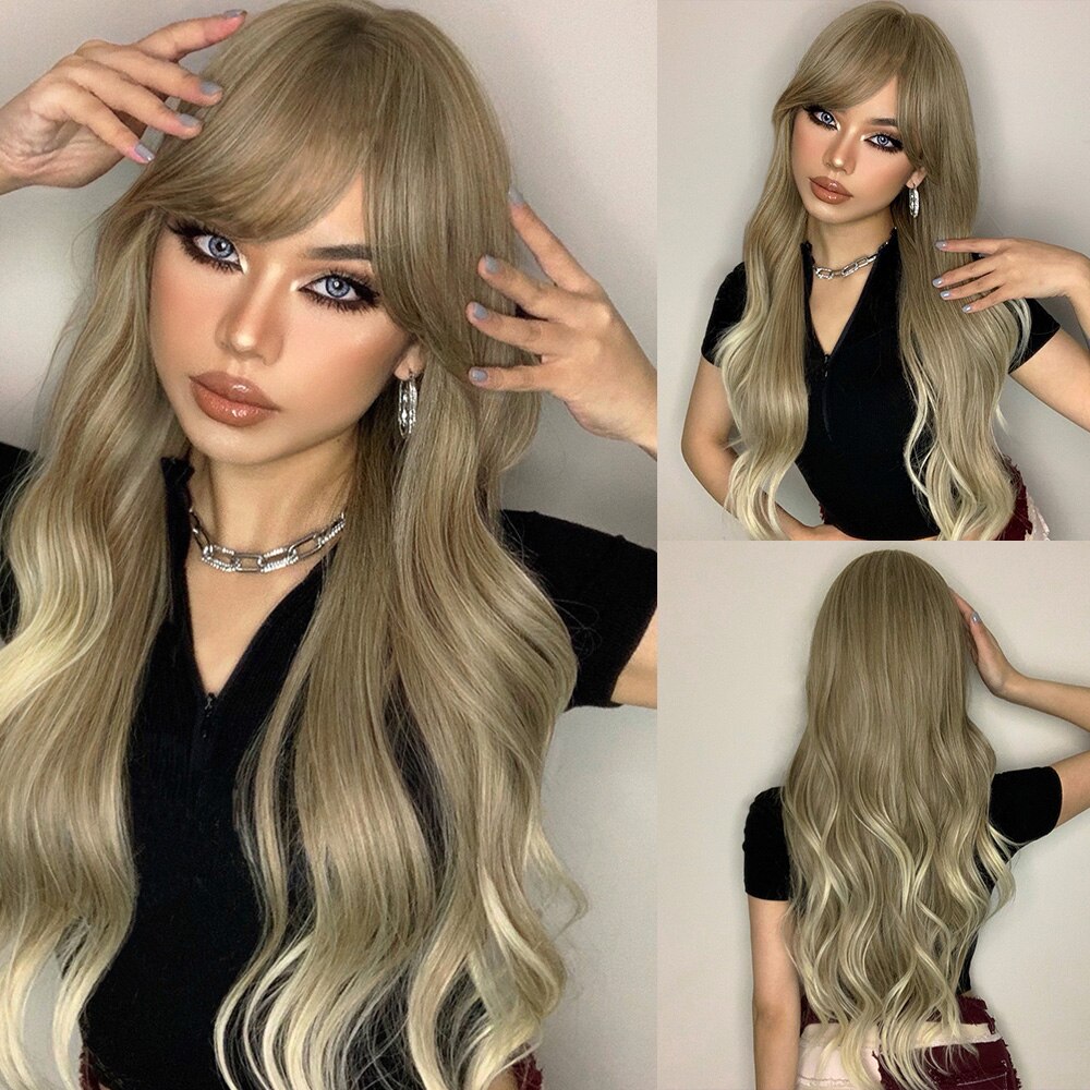 JONRENAU Long Wavy Brown to Light Brown Ombre Synthetic Wigs Partial Fringe Natural for Women Daily Party Wig Heat Resistant: 237-3