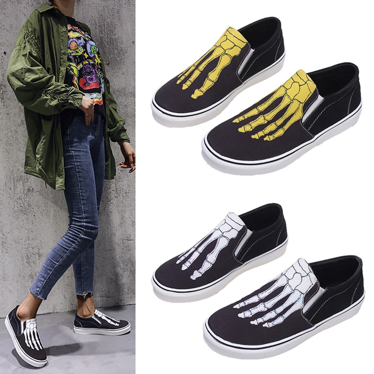 Wen unisexe sans lacet chaussures personnalisée crâne pied squelette peint à la main toile baskets noir chaussures plates bas plate-forme Plimsolls