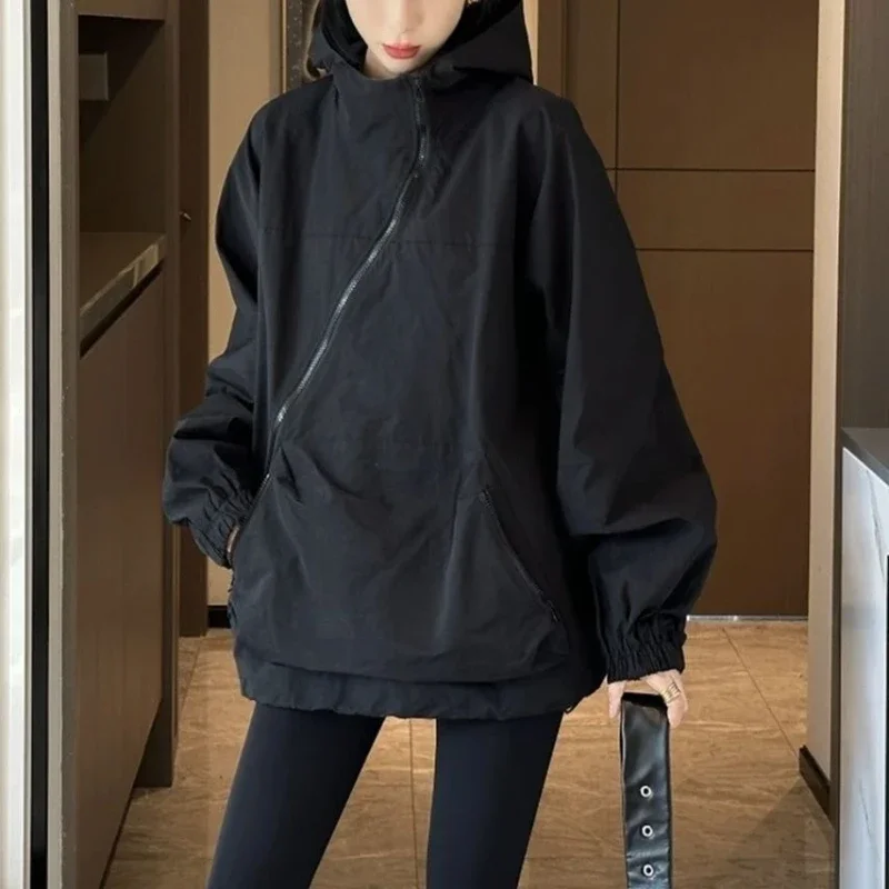 Damjackor med huva, diagonal dragkedja, vintage, höst, baggy, bf-stil, utomhus, chaqueta, damer, fritid, matchande, dam