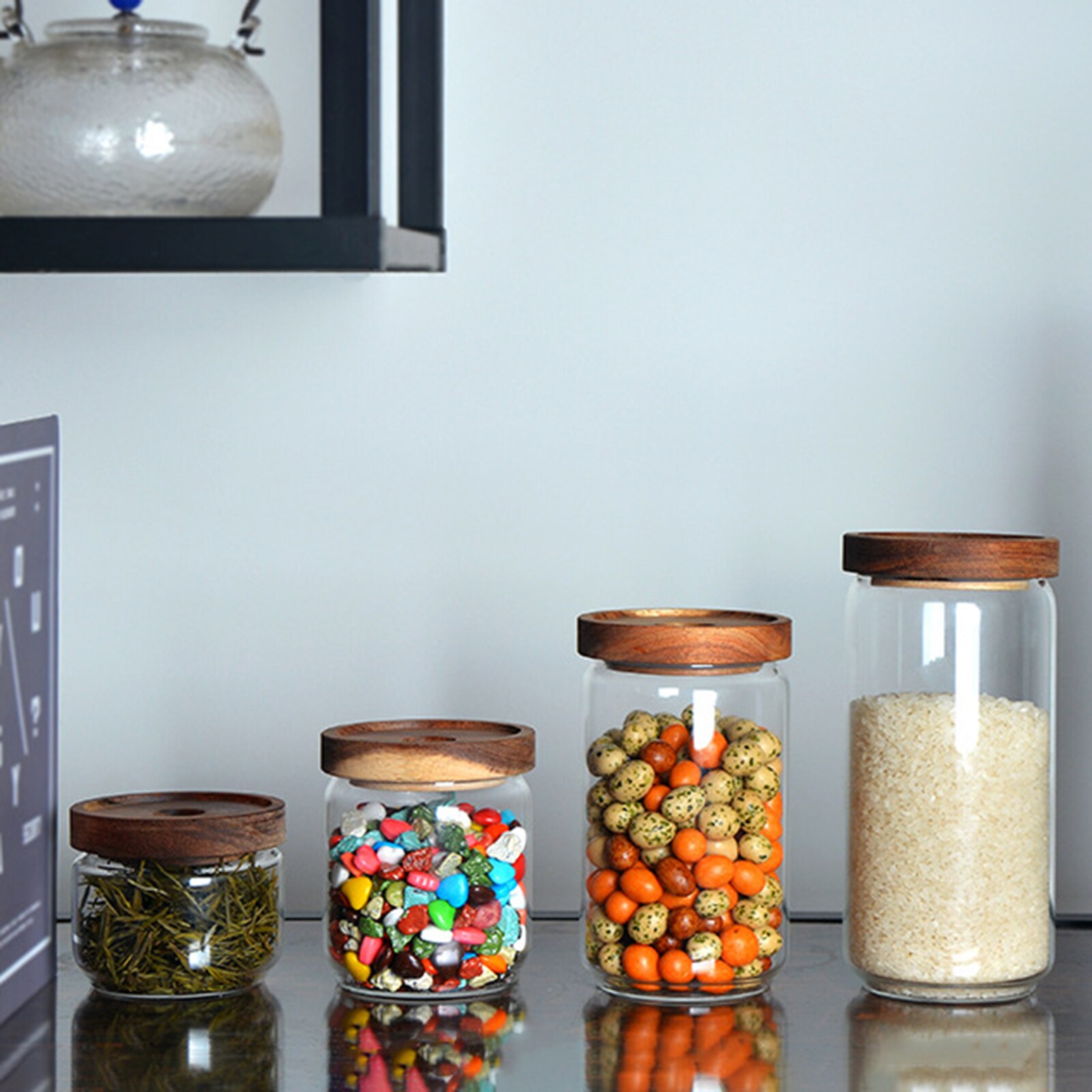 Bouteille hermétique en verre avec couvercle en bois thé Grains de café Grains récipient de nourriture