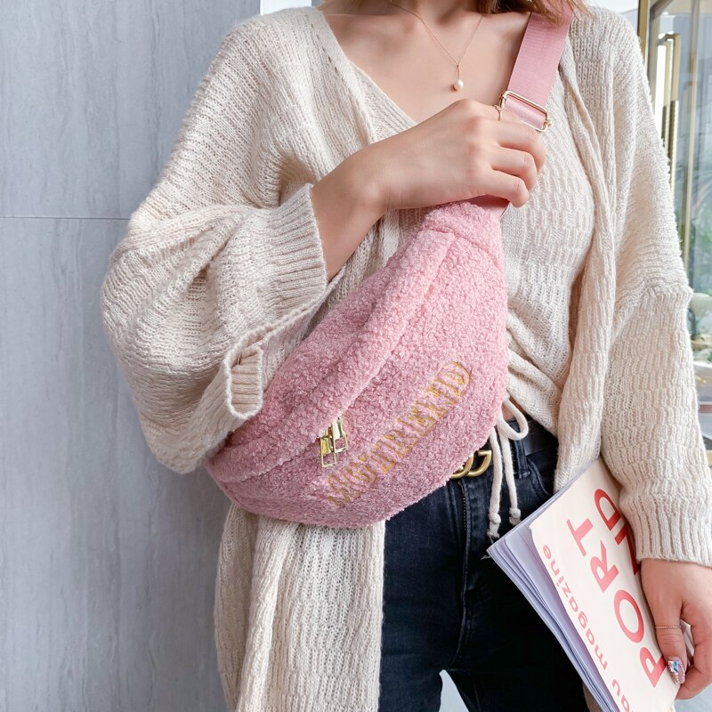 Waist Bags For Women Fur Chest Bags Winter Warm Plush Crossbody Bag Ladies Fanny Pack Faux Fur Chest Purse Casual Belt Pack